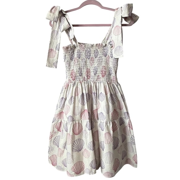 Kathleen Maeve Seaside Linen Seashell Print Smocked Tie-Strap Dress Size Small - Picture 4 of 9